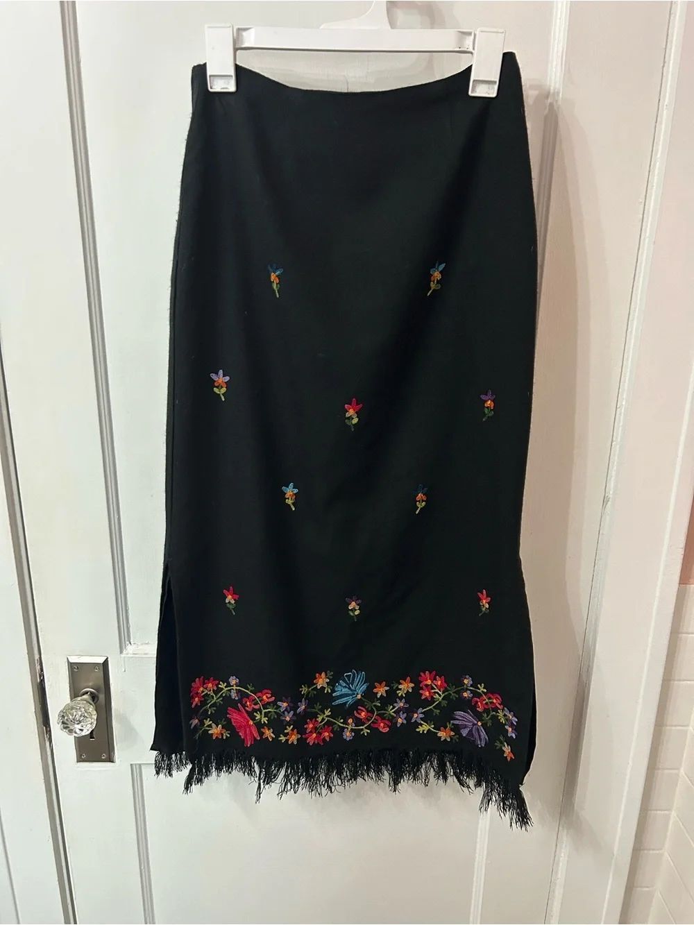 Vintage White Stag Black Midi Skirt with Multicolor Floral Embroidery